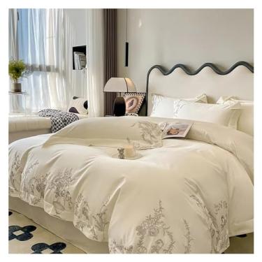 Imagem de Jogo de cama de luxo de algodão egípcio 1000 fios com bordado de flores brancas queen king 4 peças, macio (branco ajustado_200 x 220 cm, 4 peças)