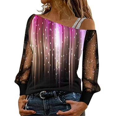 Imagem de Aniywn Camiseta feminina de manga comprida com ombro de fora e lantejoulas de malha com glitter, blusa de festa, clube, blusa Y2K, A6 - Roxo, M
