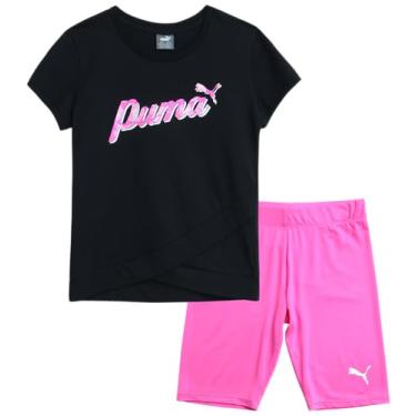 Imagem de PUMA Conjunto de shorts para meninas – camiseta de desempenho de 2 peças e shorts de ginástica ou shorts de bicicleta – roupa atlética para meninas (P-G), Puma preto/rosa, P