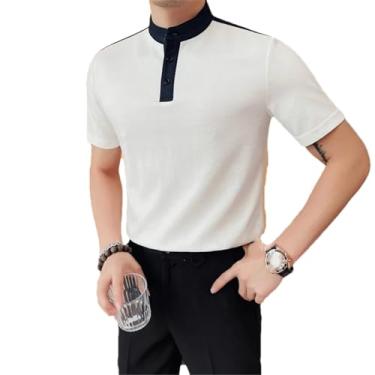 Imagem de JXQXHCFS Camiseta masculina de manga curta com patchwork de manga curta e gola redonda justa Henley, Branco, PP