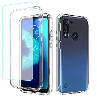 Imagem de Gufuwo Capa para Moto G8 Power Lite, XT2055-2 com protetor de tela de vidro temperado, capa rígida de corpo inteiro transparente 360 + capa de TPU macio à prova de choque para Motorola Moto G8 Power