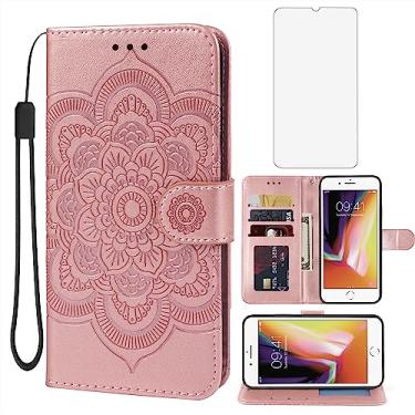 Imagem de Bohefo Capa para iPhone 6, capa carteira para iPhone 6S com protetor de tela de vidro temperado, capa flip de couro mandala em relevo com suporte para cartão de crédito para Apple iPhone 6 ouro rosa
