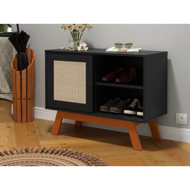 Imagem de Balcao Buffet Aparador Bar Porta de Correr Rattan pés em Madeira - Pre