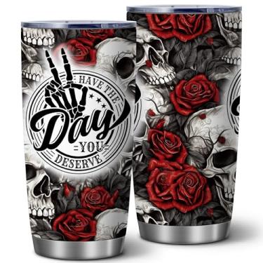 Imagem de Equoza Copo de aço inoxidável com tampa de caveira e rosa, 590 ml, copo de mão de esqueleto de dedo gótico, caneca de café de viagem com isolamento de parede dupla, presente escuro engraçado para