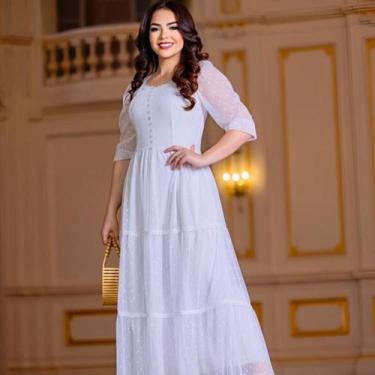 Imagem de Vestido Longo Tule Festa Casamento Decote Quadrado com Manga 3/4 - Fas