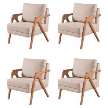 Imagem de Kit 4 Poltronas Mona Madeira Maciça Linho Bege Kimi Design