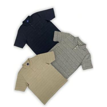 Imagem de KIT Masculino Plus Size Polo Listrada Bege, Preto e Cinza - Pthirillo,