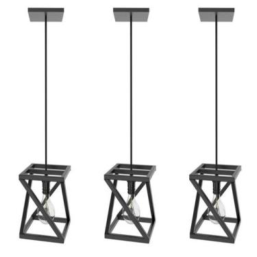 Imagem de Kit 3 Pendentes Luminárias Teto Quadrada Industrial Preto - Unidas