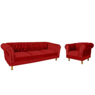Imagem de Um Sofá 1.80 + Uma Poltrona Chesterfield Duque Suede - Vermelho / Sala