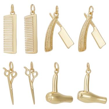 Imagem de Beebeecraft 1 caixa, 8 peças, pingentes de cabeleireiro, latão banhado a ouro 18K, 4 estilos, pente de tesoura, ferramentas de secador de cabelo, berloques para fazer joias com tema de corte de cabelo