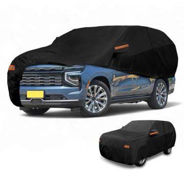 Imagem de Partuto Capa de carro à prova d'água para todos os climas, automotiva, externa, anti-UV, proteção contra chuva e sol, cobertura externa completa para Chevrolet Tahoe preta com tiras refletoras