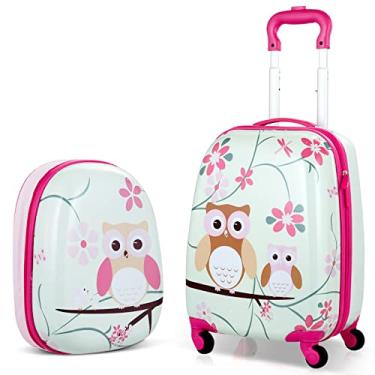 Imagem de BABY JOY Conjunto de 2 peças de bagagem infantil, mala de mão de 40,6 cm e conjunto de mochila de 30,5 cm, estojo de viagem infantil com 4 rodízios, alça retrátil, estojo leve para meninos e meninas,