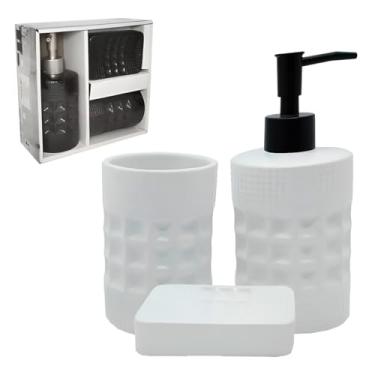 Imagem de Kit Acessório Para Banheiro 3 Peças De Cerâmica Texturizado Saboneteira Com Dispenser Porta Escova (Branco Pequim)