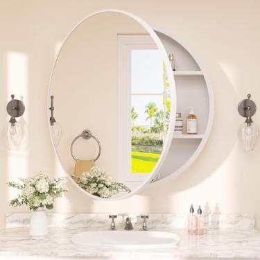 Imagem de TETOTE Armário de espelho de banheiro 28 x 28 branco redondo armário de remédios para banheiro com espelho prateleiras ajustáveis espelho de parede de fazenda com superfície de armazenamento montada