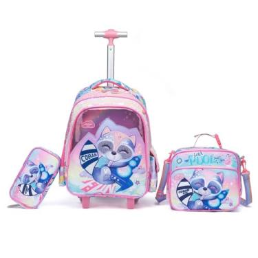 Imagem de Conjunto Escolar Infantil Coban, Mochila com Rodas, Lancheira e Estojo, Tema Guaxinim Espacial, Rosa e Azul