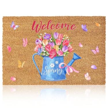 Imagem de Tinideya Capacho de fibra de coco de primavera com suporte antiderrapante tapete floral para ambientes internos e externos tapete de primavera sazonal tapete de varanda frontal para entrada de