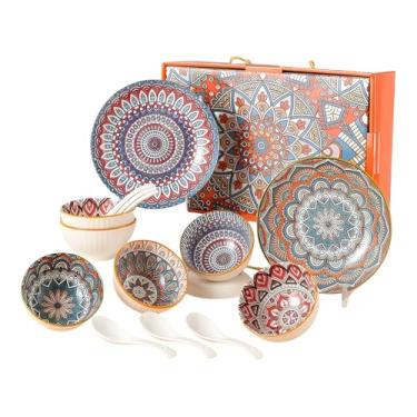 Imagem de Conjuntos de louça, pratos de porcelana boêmia, pratos e tigelas Boho Corlorful para cozinha, pratos de macarrão