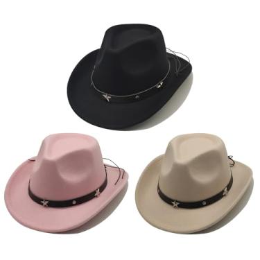 Imagem de 3 peças de chapéu de cowboy infantil unissex para meninas e meninos, chapéu de vaqueira ocidental com cinto de fivela, chapéu Fedora de aba larga, fantasia