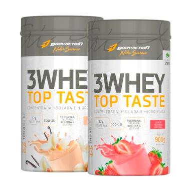 Imagem de Kit 2x - 3 Whey Top Taste 900g - Whey 3w Tasty - Bodyaction - BAUNILHA + MORANGO