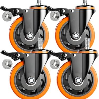 Imagem de Kit 4 Rodinha Rodízio Roda Grande Reforçada Giratório Espiga Parafuso Freio Trava 70mm Peso 600 kg(Laranja)