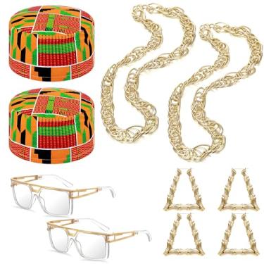 Imagem de Jeere 8 Pcs Hip Hop Costume Set African Pattern Kente Kufi Hat Sunglasses Gold Rope Chain Necklace Hollow Triangle Bamboo Earrings 90s Jewelry for Kwanzaa Black African Men Women Rapper Accessory