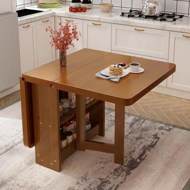 Imagem de Mesa de cozinha dobrável de madeira maciça com folha de queda e rack de armazenamento de camada dupla versátil mesa de jantar dobrável mesa de escritório e mesa de jantar de extensão em 3 formas Sup