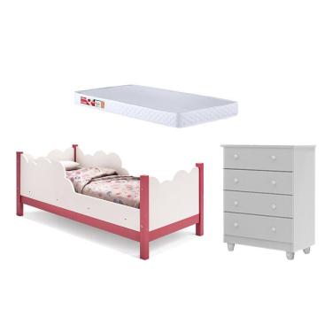 Imagem de Cama Infantil Juvenil Nuvem Colchão Branco/rosa com Comoda Lara Branco