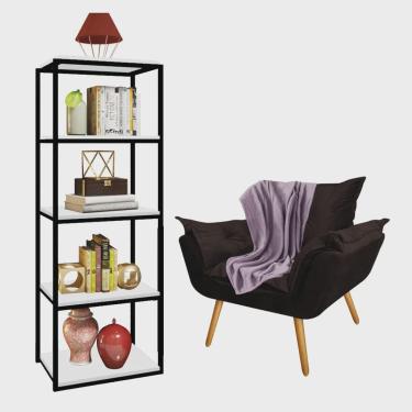 Imagem de Kit Poltrona Fatte com Manta Soft Lilás e Estante Livreiro Ferro Preto mdf Branco Suede Marrom - Ahazzo Móveis