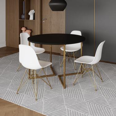 Imagem de Mesa Jantar Industrial Redonda 110cm Preta Base V Dourada com 4 Cadeiras Eames Eiffel Brancas Base D
