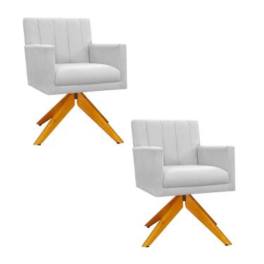 Imagem de Conjunto 2 Poltronas Estofadas Base Giratória De Madeira Cecília Suede Branco - dl decor