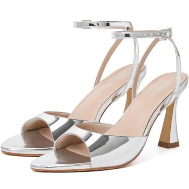 Imagem de Susanny Salto gatinho feminino bico fino aberto salto alto tira no tornozelo sandálias de salto sexy com tiras stiletto casamento festa nupcial vestido de formatura, Prata, 41