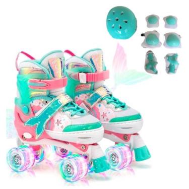 Imagem de Patins Infantil 4 Rodas De Led Verde Sereia Com Protecao Ajustavel - c