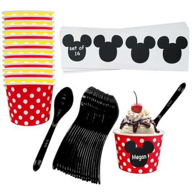 Imagem de Outside the Box Papers Conjunto de sorvete inspirado no Mickey Mouse com copos de 350 ml, colheres de plástico e etiquetas de quadro-negro de orelha de rato, 16 de cada vermelho, preto, amarelo,