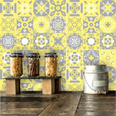 Imagem de Adesivo de Azulejo Hidráulico Cinza e Amarelo 270 - Inove Papéis de Pa
