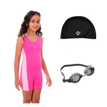 Imagem de Kit Maiô Perninha Infantil Juvenil Óculos UV Touca Tecido Infantil (Pink/Rosa - Touca Preto, 10)