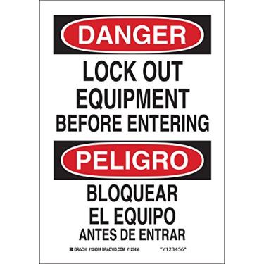 Imagem de Brady Placa bilíngue 124100, legenda "Lock Out Equipment Before Entering/Bloquear El Equipo Antes De Entrar", 35,5 cm de altura, 25,4 cm de largura, preto e vermelho em branco