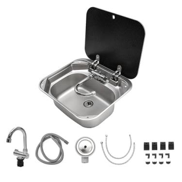 Imagem de GZOII Pia portátil para trailer, pia de acampamento pequena de aço inoxidável de 40 x 36 cm x 36 cm com torneira dobrável e tampa de vidro temperado para trailer