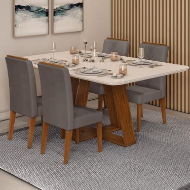 Imagem de Conjunto Sala De Jantar Mesa Kiara 160x90cm Tampo Vidro/mdf Com 4 Cadeiras Yasmin Dj Móveis Freijo/off White/veludo