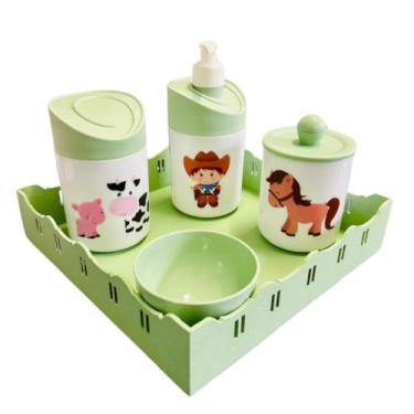 Imagem de Kit Higiene Baby Fazendinha Menino c/bandeja em MDF - Dóia Kids, Quadr