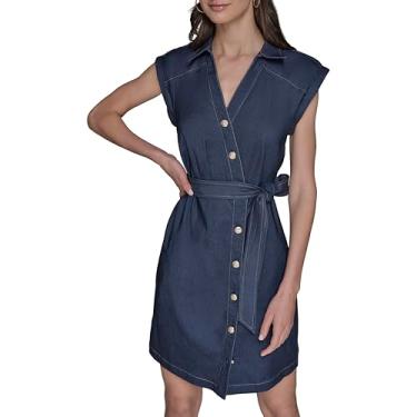 Imagem de Karl Lagerfeld Paris Vestido feminino com botões na frente jeans com cinto autoamarrado, Índigo, 38