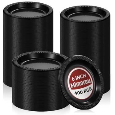 Imagem de Mimorou 400 peças de pratos de sobremesa de plástico preto, 15 cm, descartáveis, redondos, para bolo de jantar, para casamento, aniversário, piquenique, salada, aperitivo, suprimentos de festa
