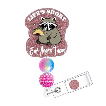 Imagem de Horee Carretel de crachá retrátil com clipe jacaré, porta-cartão de identificação de enfermeira de acrílico com glitter, design engraçado (guaxinim tacos)