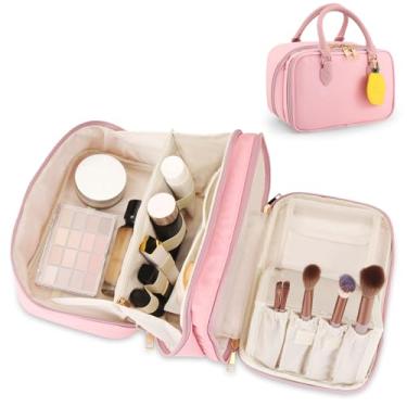 Imagem de Bolsa de maquiagem de viagem para mulheres, bolsa de grande capacidade, aberta, plana, cosmética, portátil, à prova d'água, grande abertura, sacos de higiene pessoal, suporte de escova vertical