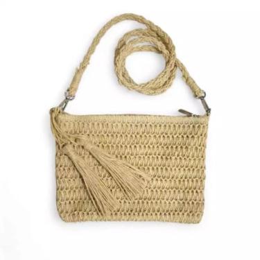 Imagem de Bolsa Artesanal de Praia em Palha, Transversal, Design Trançado, 24 x 17 x 2 cm, Bege