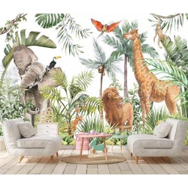 Imagem de Jdayda Papel de parede safári pintado à mão, elefantes, girafas, macacos, leões, palmeiras tropicais, selva, floresta, mural de parede para quarto, sala de estar, berçário