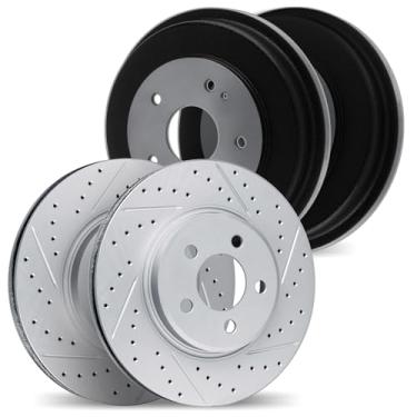 Imagem de Dynamic Friction Company Freios e rotores dianteiros e traseiros | Tambores incluídos| Rotores de freio com fenda perfurada| Rotores de freio a disco | Serve para Hyundai Elantra 2017-2020; Hyundai
