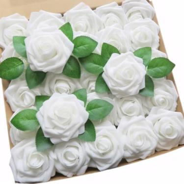 Imagem de Flores de rosas artificiais com aparência verdadeira, rosas falsas, decoração de rosas de espuma artificial para buquês de casamento, guirlandas, pulso, flores, faça você mesmo, decoração de bolo, festa, decoração de casa, centro de mesa 25 PCS Branco