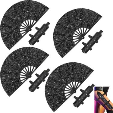 Imagem de Weysat 4 conjuntos de leques de mão grandes com glitter rave dobrável com coldre Clack Rave Fan para mulheres com alça de perna ventiladores portáteis para Edm Dancing Music Festival Club Party (preto