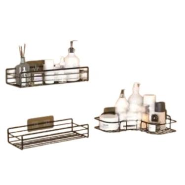 Imagem de Kit 4 Suporte Prateleira Porta Shampoo de Canto Com Adesivo Organizador Multiuso Preto(Kit 2 Reta + 1 Canto)