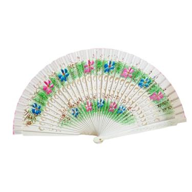 Imagem de Fiocias Leque de mão dobrável espanhol, feito à mão, retrô, para dança, acessórios para show de casamento, Branco